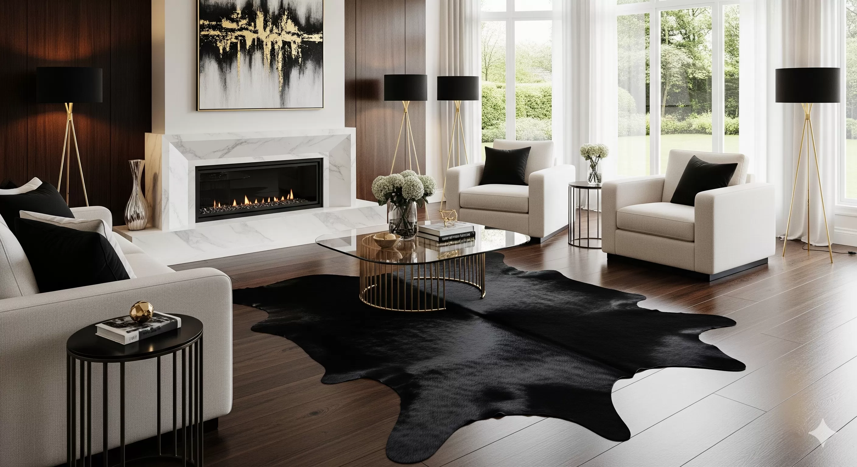 Black cowhide rug adding texture beside a bed