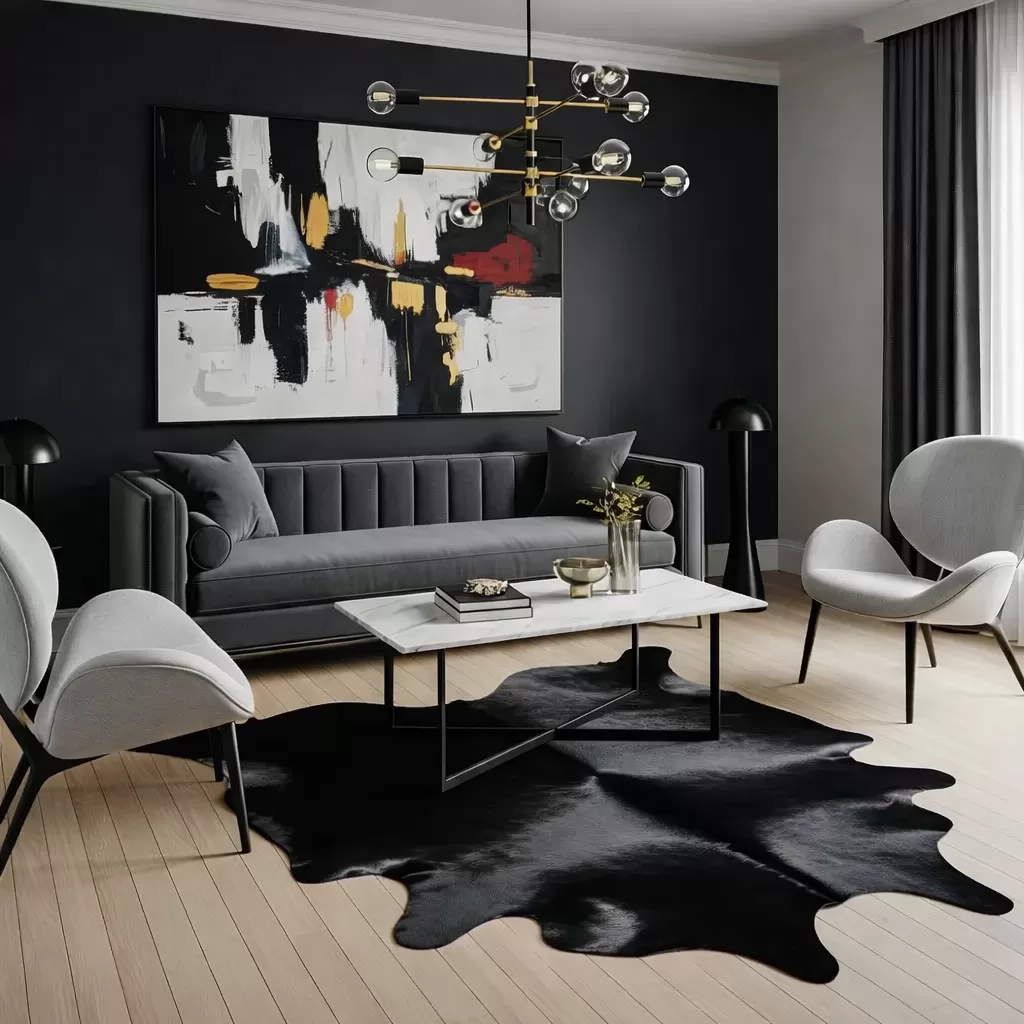 Black cowhide rug styled beneath a living room coffee table