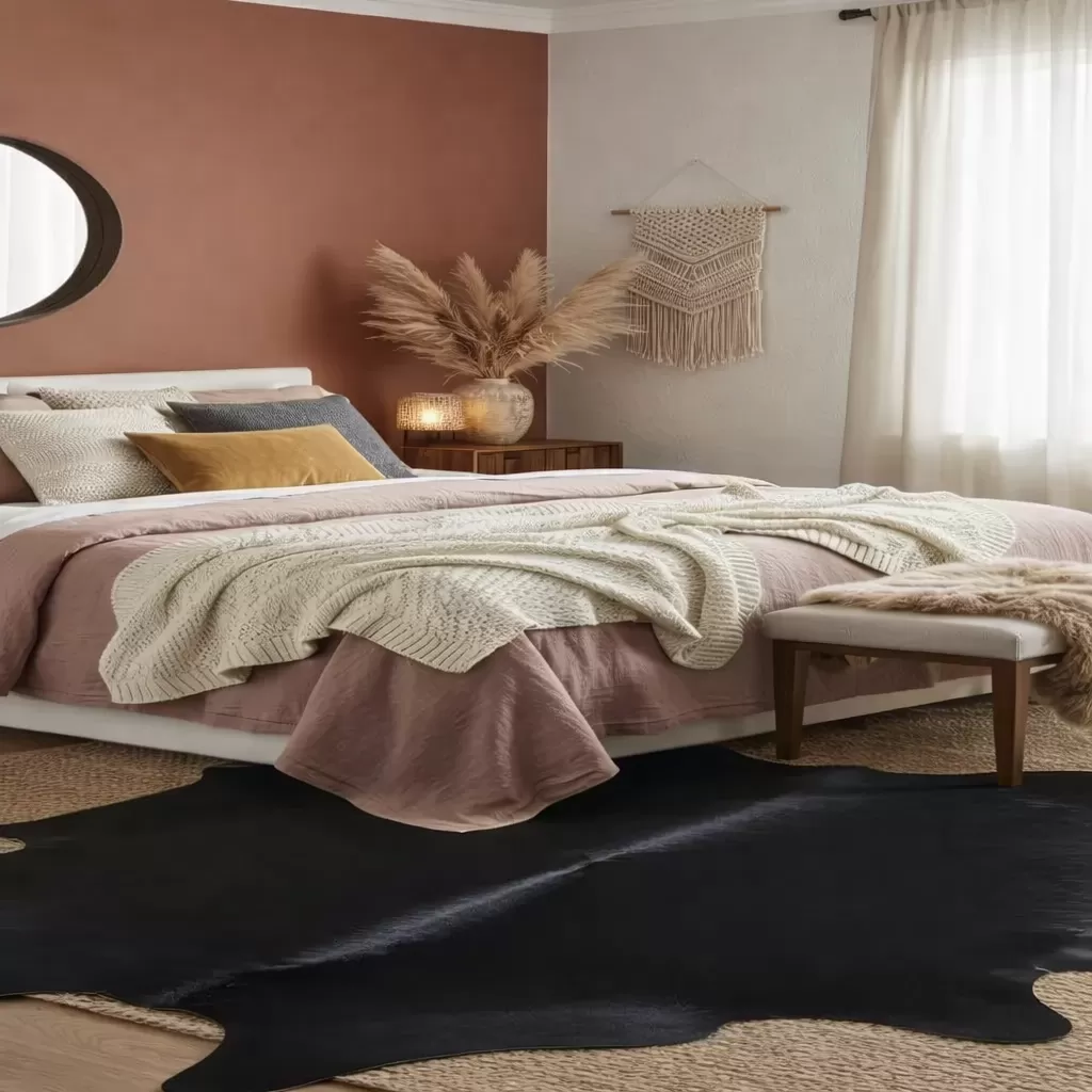 Black cowhide rug defining a home office area