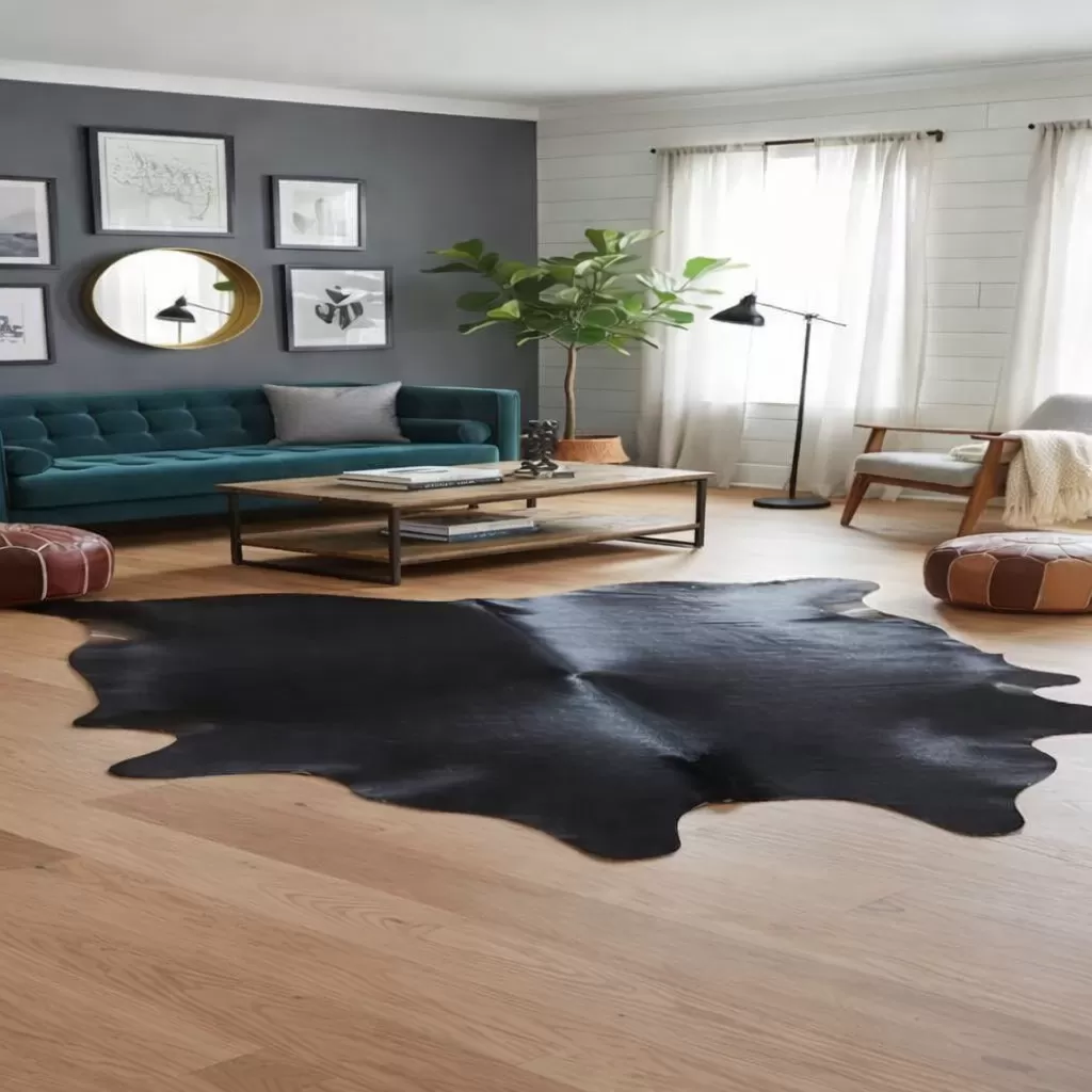 Black cowhide rug styled in a modern interior
