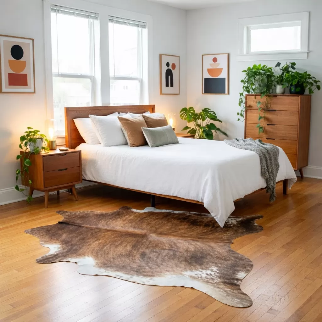 Brindle cowhide rug styled in a living room