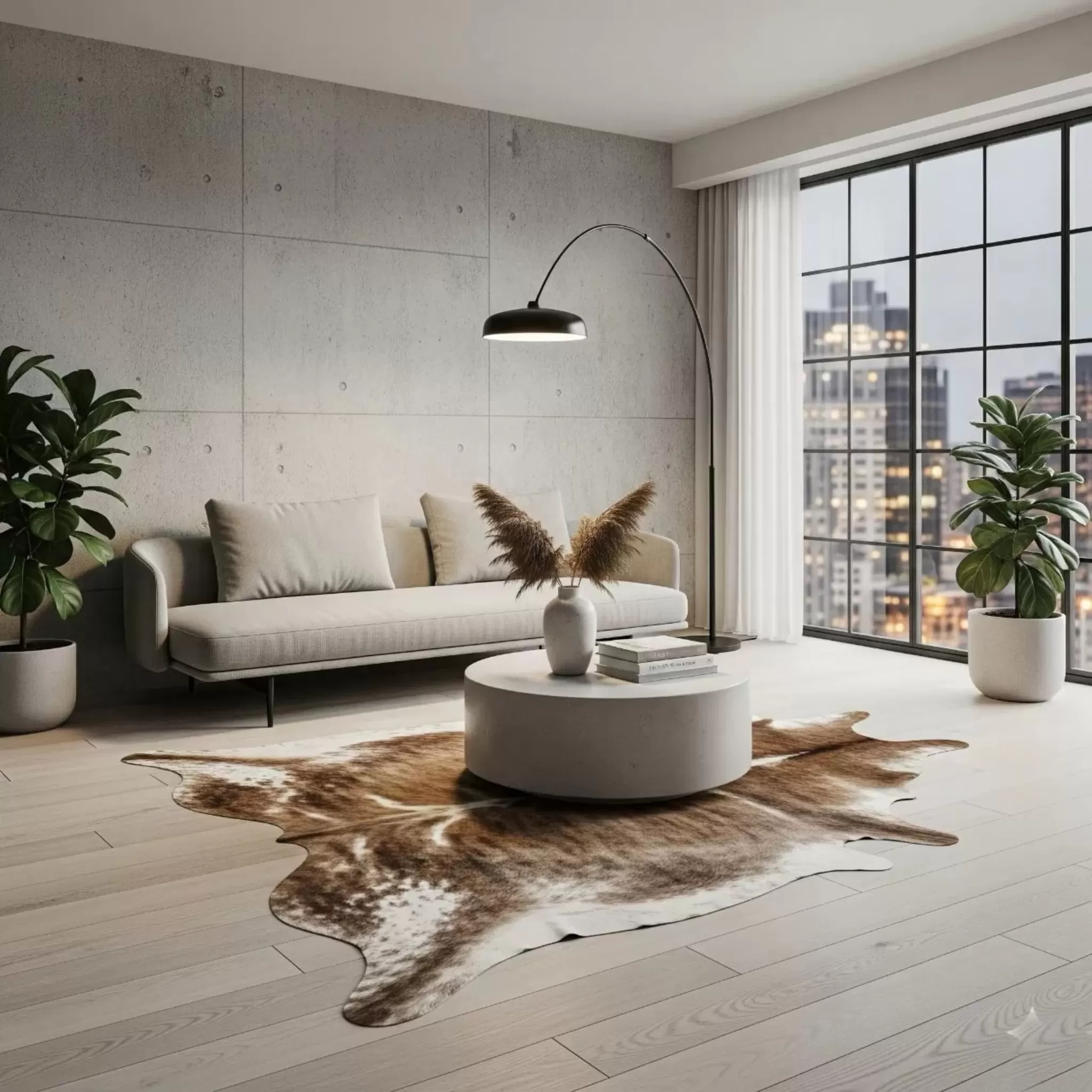 Brindle cowhide rug used as an interior focal point