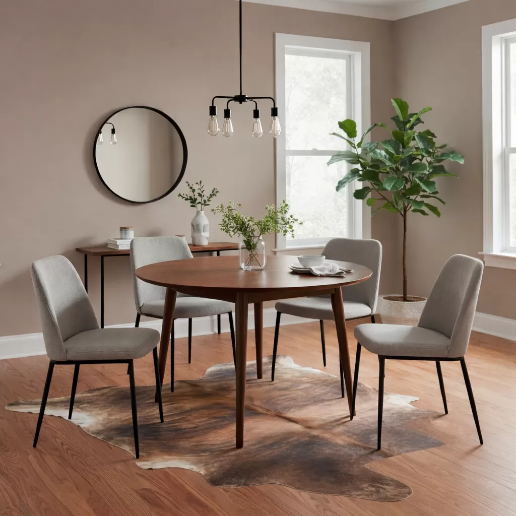Brindle cowhide rug in a layered interior design