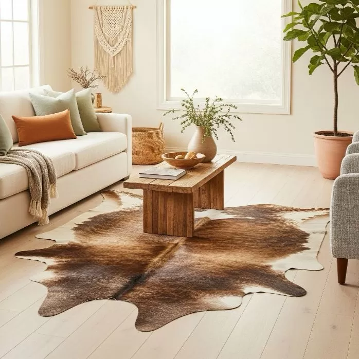 Brindle cowhide rug placed beside a bed