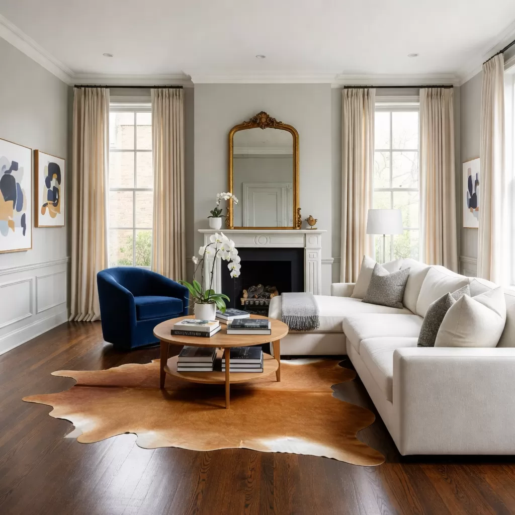 Brown cowhide rug styled in a refined living room