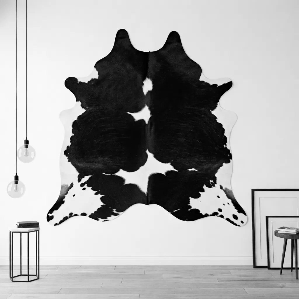 Black and white cowhide rug styled in a home office