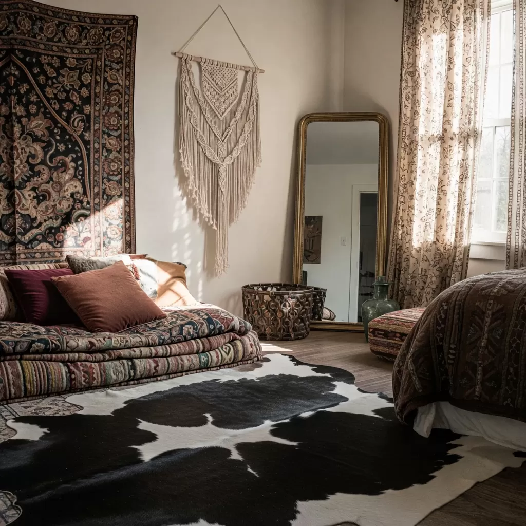 Black and white cowhide rug styled in a living room