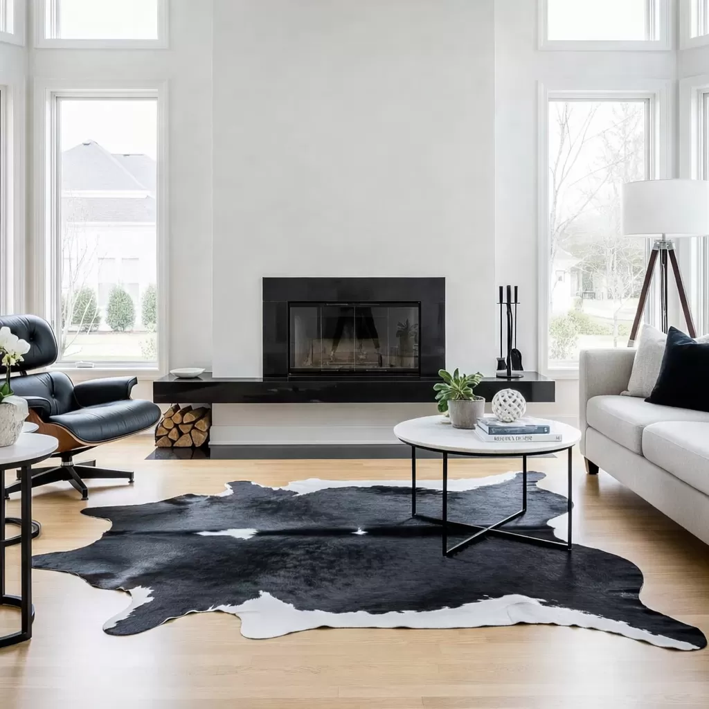 Black and white cowhide rug styled in a dining room