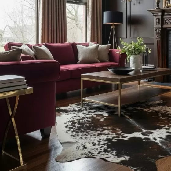 Tricolor cowhide rug arranged in a refined living room