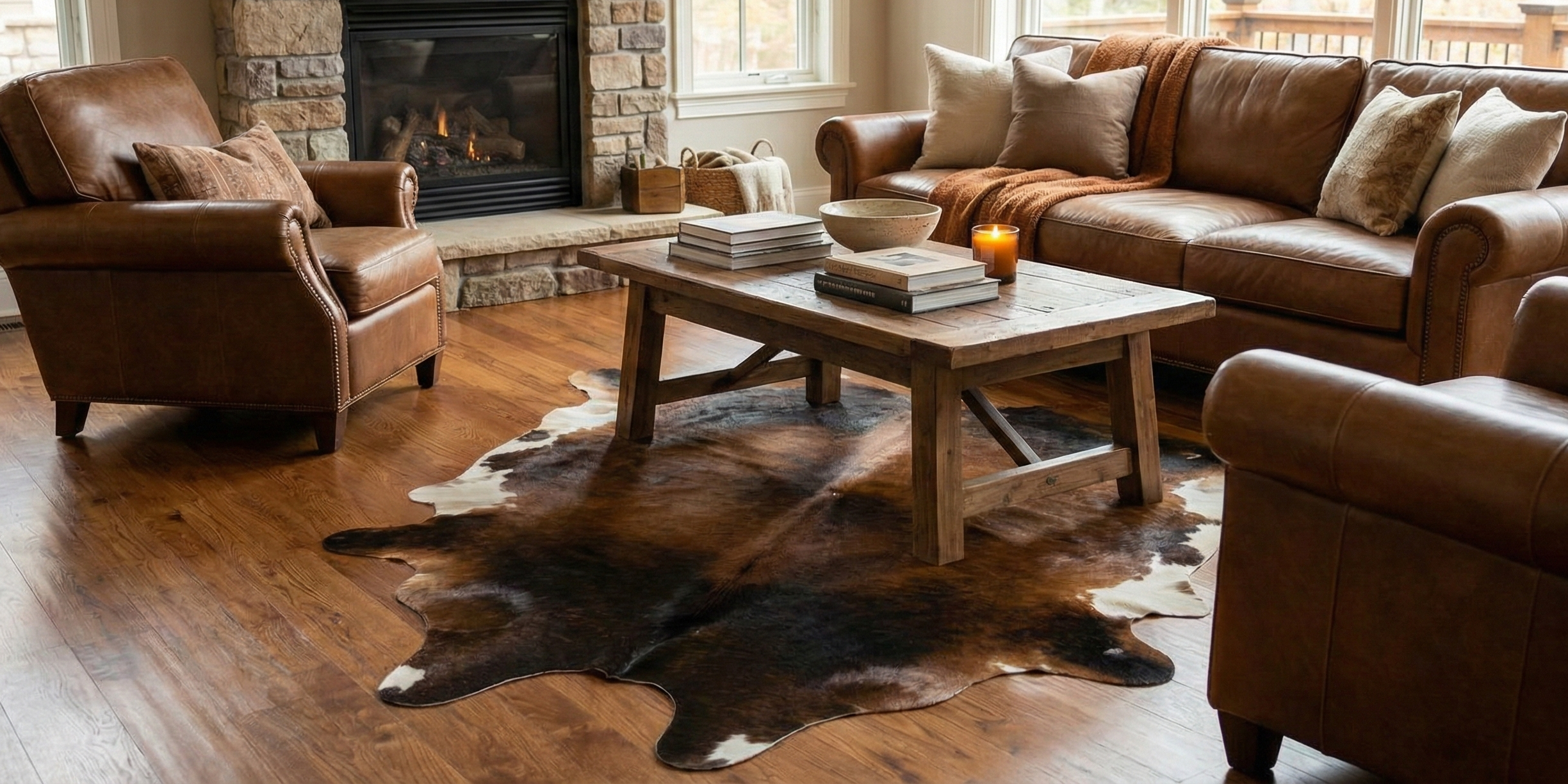 Tricolor cowhide rug for an interior design project